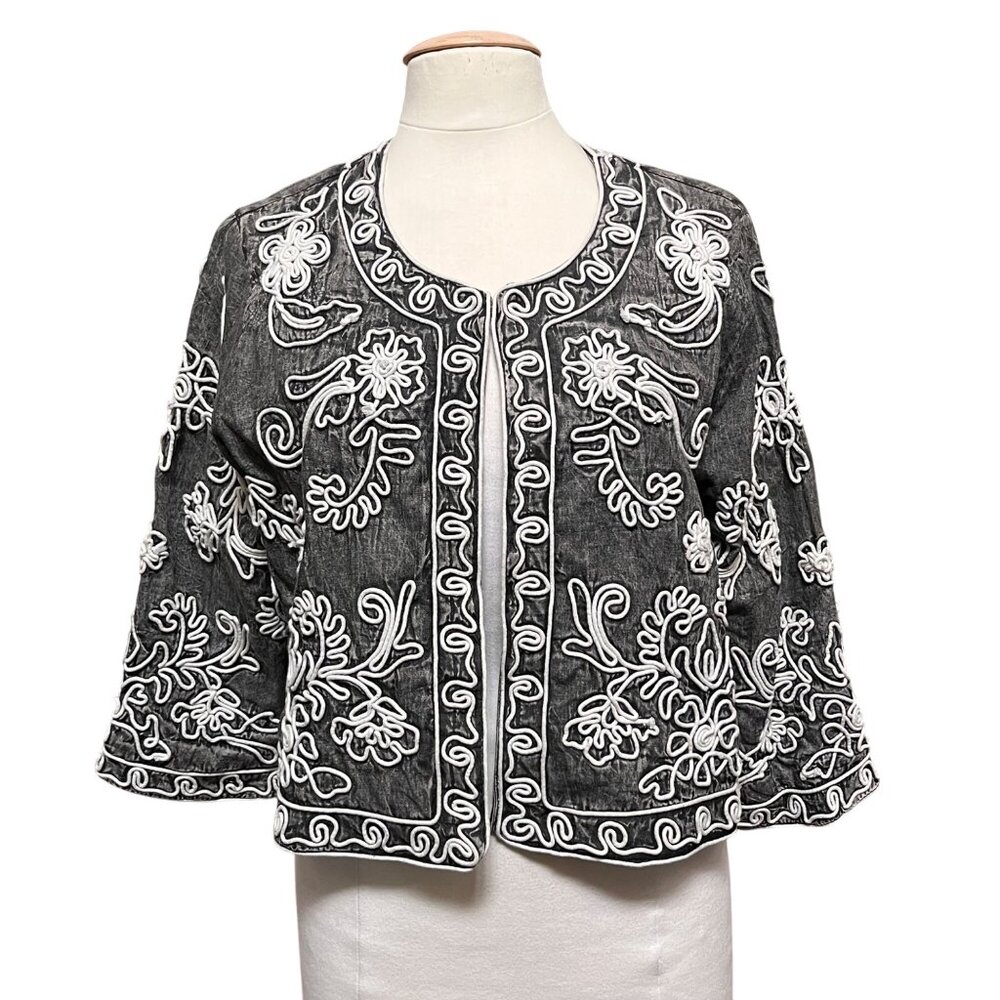 Soft Surroundings Embroidered Open Front Jacket Black Art Artsy Gray White Sz L